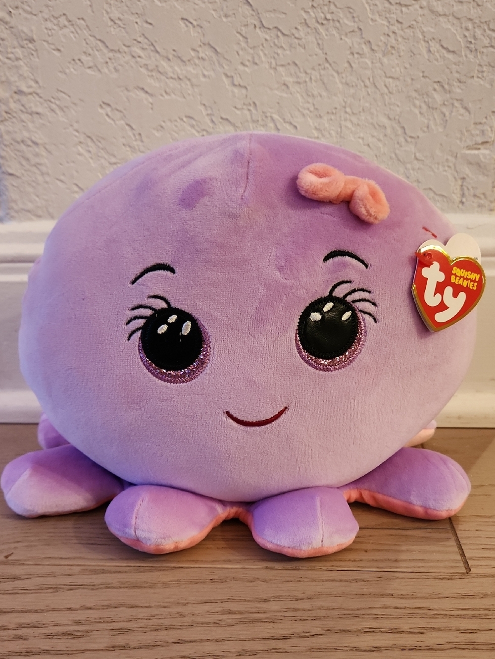 Ty Purple Squishy Beanies Octopus Plush with Pink Bow